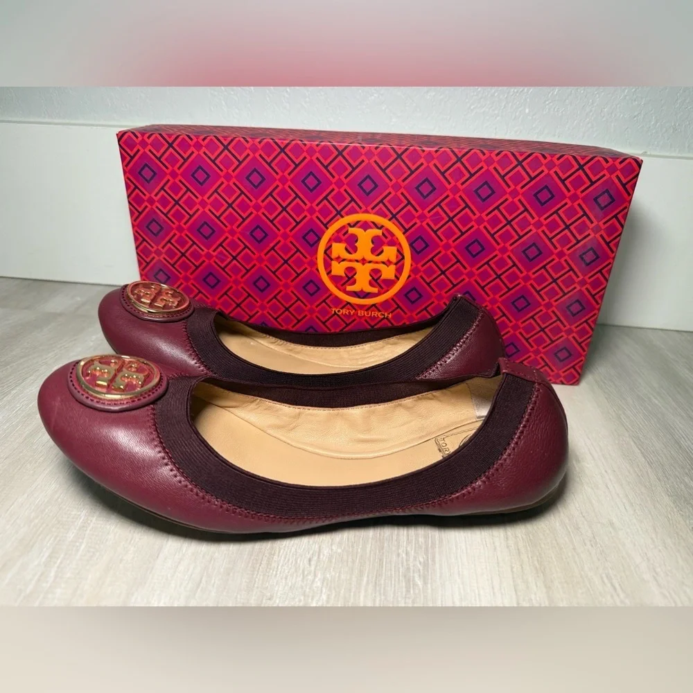 Tory Burch Burgundy Leather Ballet Flats Gold Logo Women Size 7.5 M